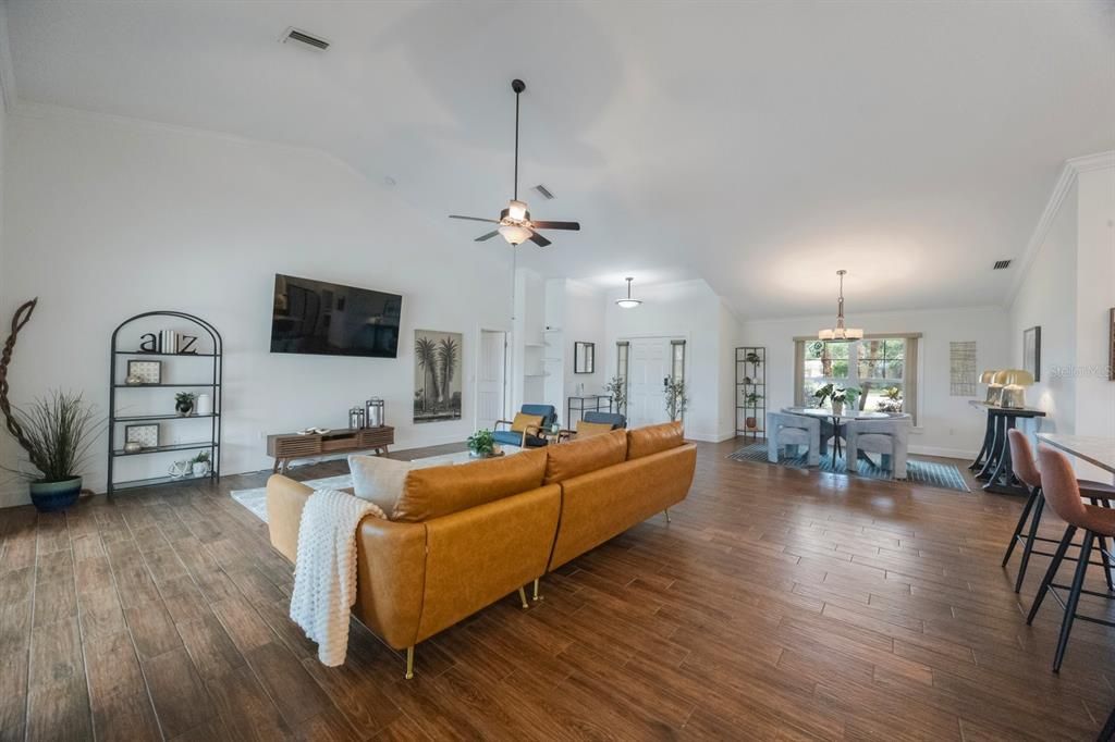 Dining room, Interior, Living room, Pendant Lights, Wood Texture Flooring