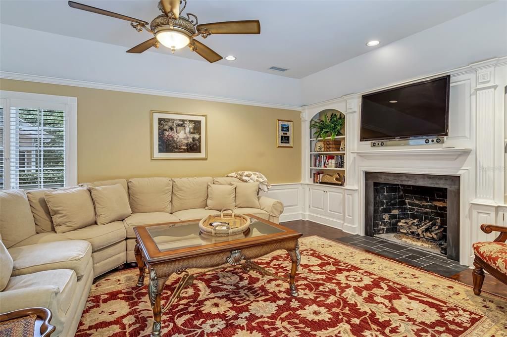 Fireplace, Interior, Living room, Recessed Lighting, Wood Texture Flooring