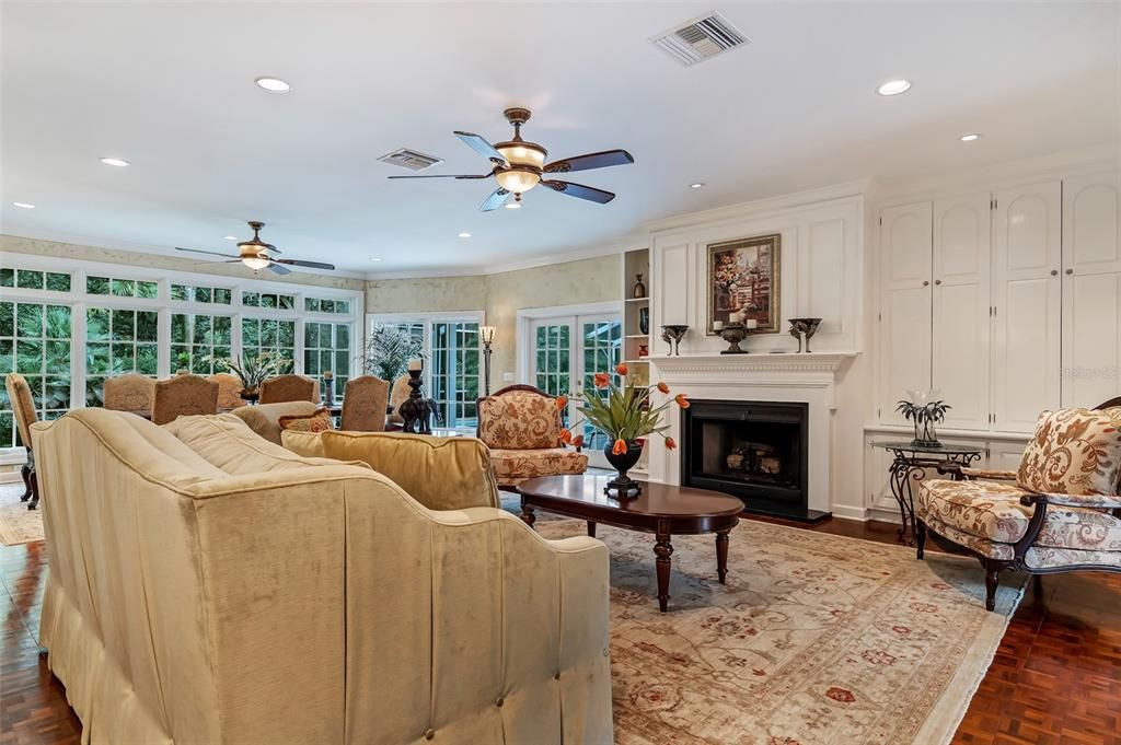 Fireplace, Interior, Living room, Recessed Lighting, Wood Texture Flooring