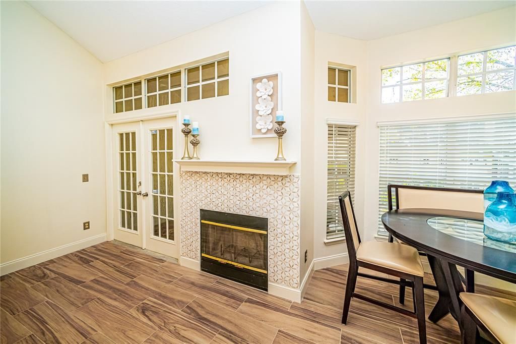 Dining room, Fireplace, Interior, Wood Texture Flooring