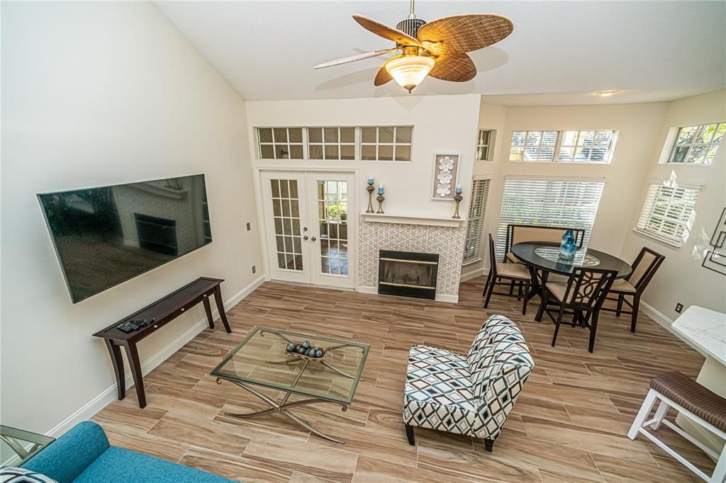 Dining room, Fireplace, Interior, Living room, Wood Texture Flooring