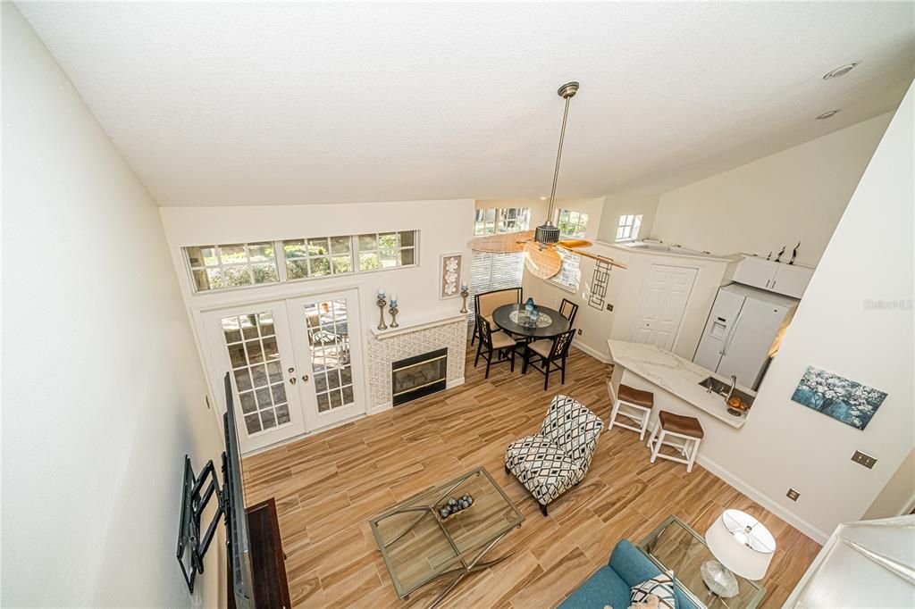 Dining room, Fireplace, Interior, Kitchen, Living room, Pendant Lights, Wood Texture Flooring