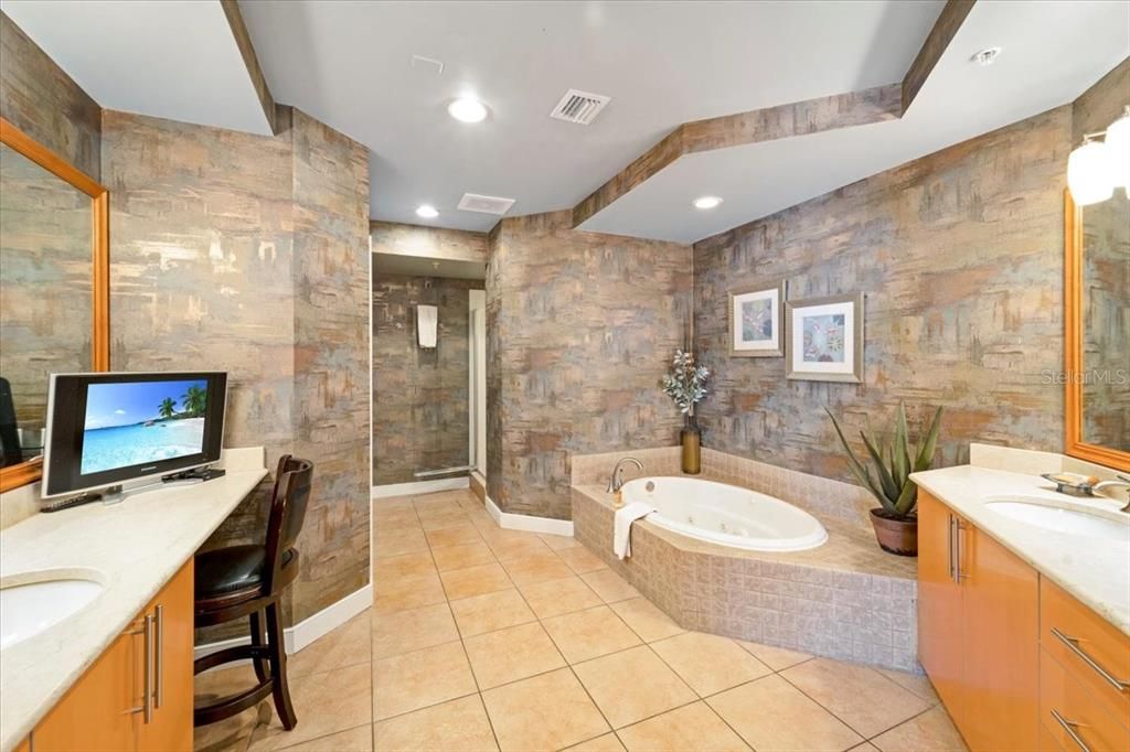 Bathroom, Dual Sink Vanities, Interior, Recessed Lighting, Stone Walls