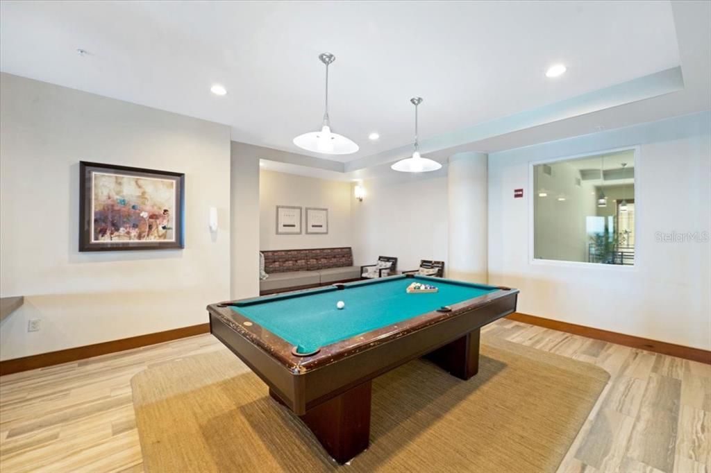 Billiard Table, Game Room, Interior, Pendant Lights, Recessed Lighting, Wood Texture Flooring
