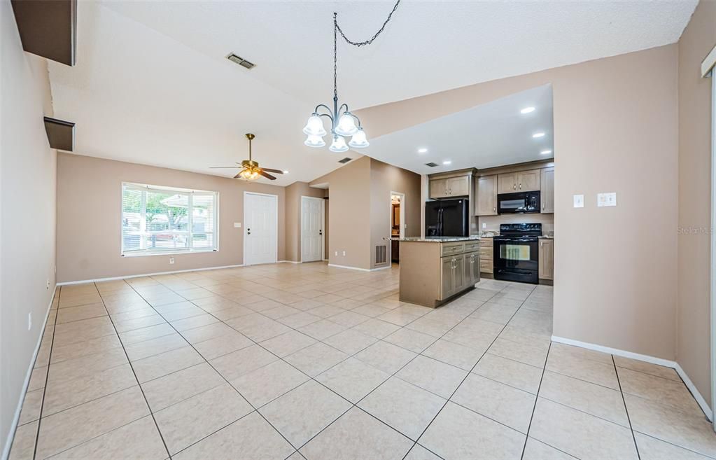 Chandelier, Empty room, Interior, Kitchen, Recessed Lighting, Stainless Steel Appliances