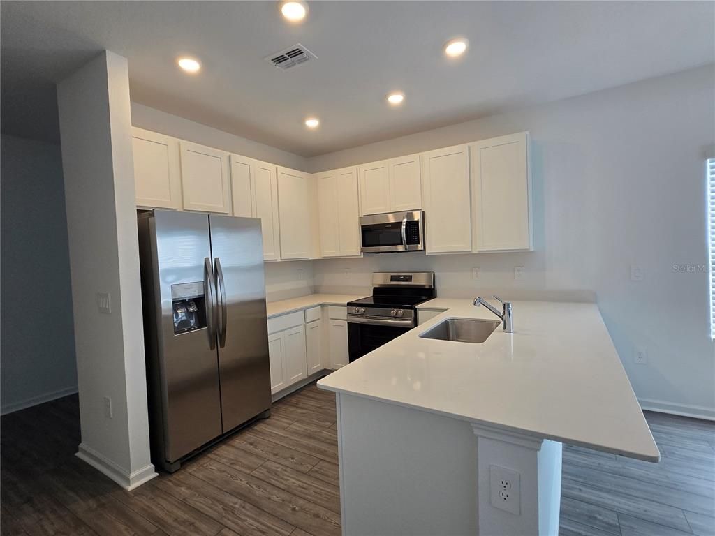 Interior, Kitchen, Recessed Lighting, Stainless Steel Appliances, Wood Texture Flooring