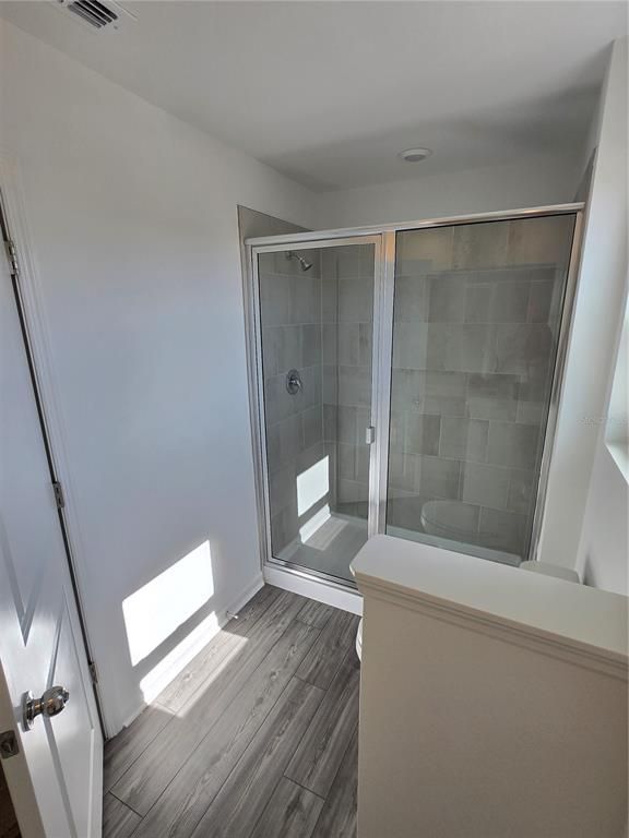 Bathroom, Glass Shower, Interior, Wood Texture Flooring