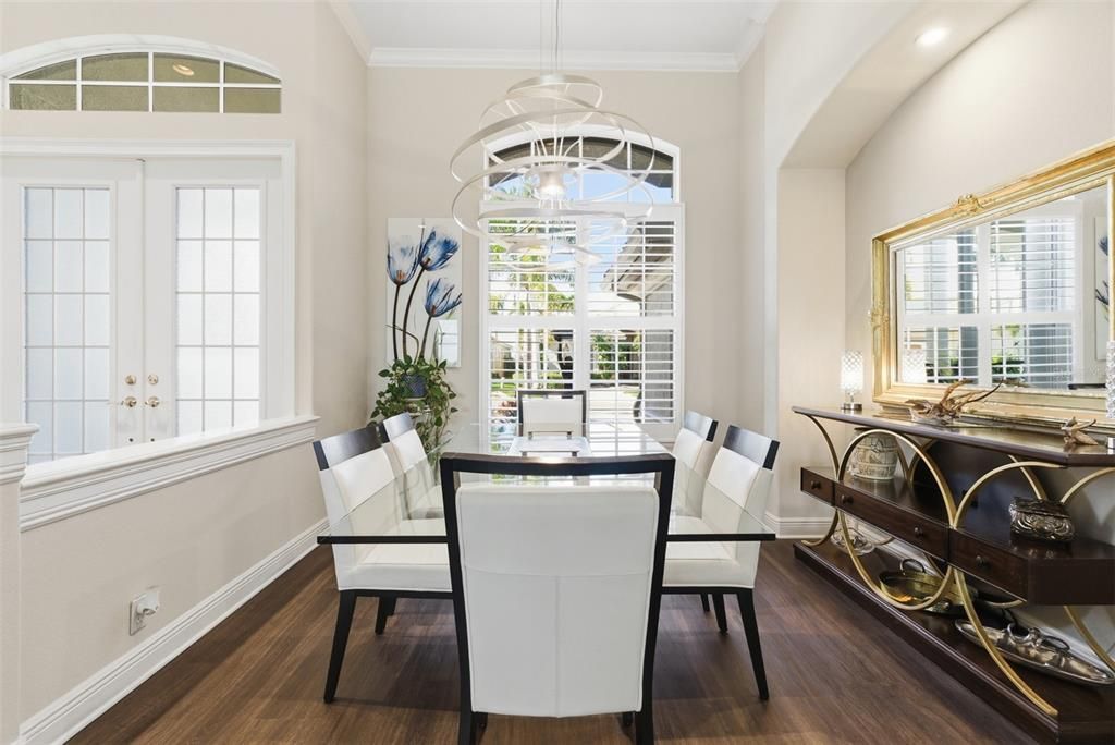 Dining room, Interior, Pendant Lights, Recessed Lighting, Wood Texture Flooring