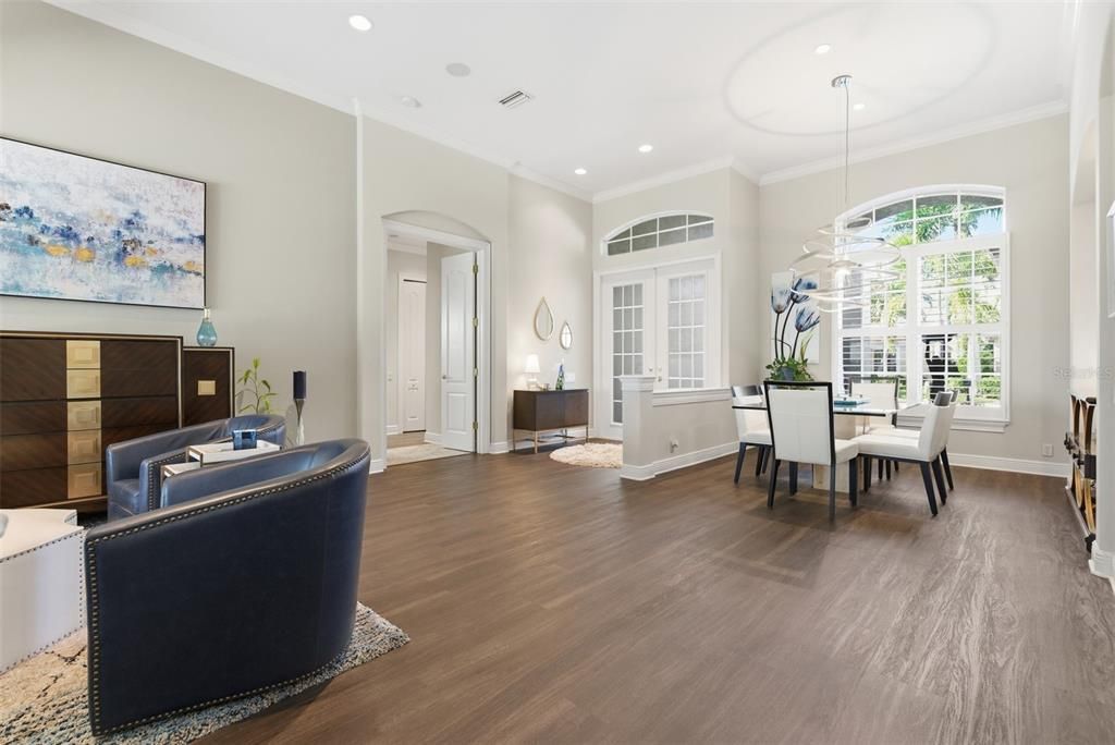 Dining room, Interior, Pendant Lights, Recessed Lighting, Wood Texture Flooring