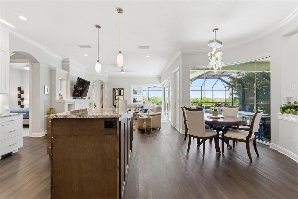 Dining room, Interior, Living room, Pendant Lights, Recessed Lighting, Wood Texture Flooring