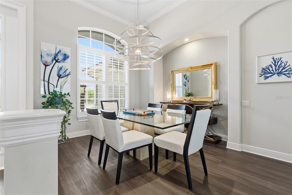 Dining room, Interior, Pendant Lights, Recessed Lighting, Wood Texture Flooring