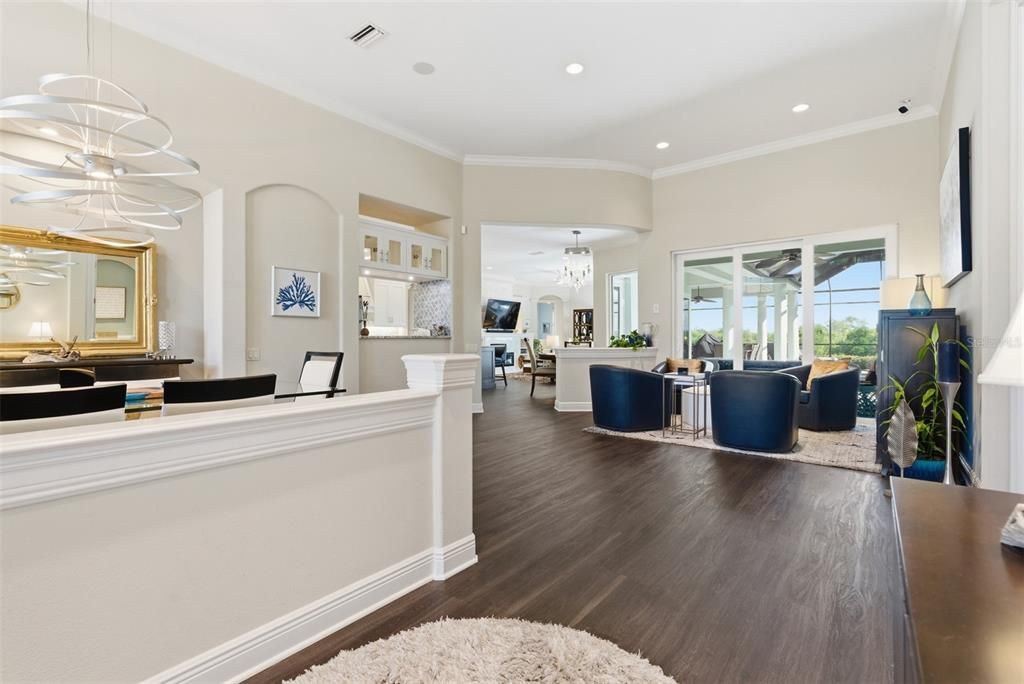 Dining room, Interior, Living room, Pendant Lights, Recessed Lighting, Wood Texture Flooring