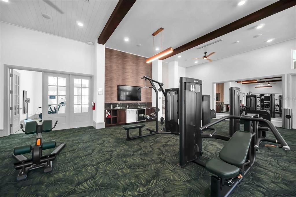 Fireplace, Fitness Equipment, Gym, Interior, Recessed Lighting, Wooden Beams