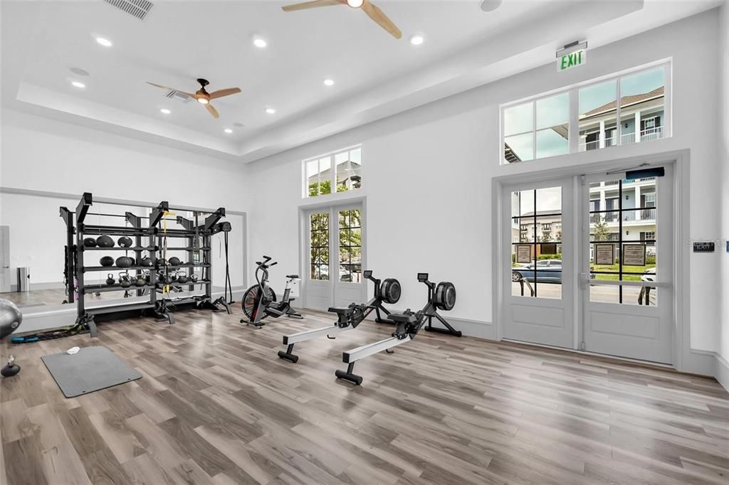 Fitness Equipment, Gym, Interior, Recessed Lighting, Wood Texture Flooring