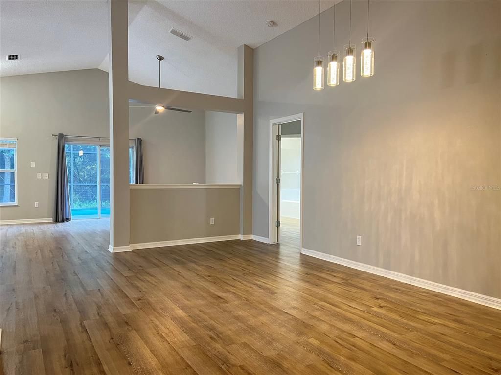 Empty room, Interior, Pendant Lights, Wood Texture Flooring