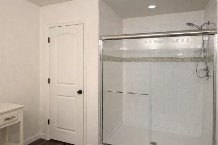 Bathroom, Glass Shower, Interior, Recessed Lighting, Wood Texture Flooring