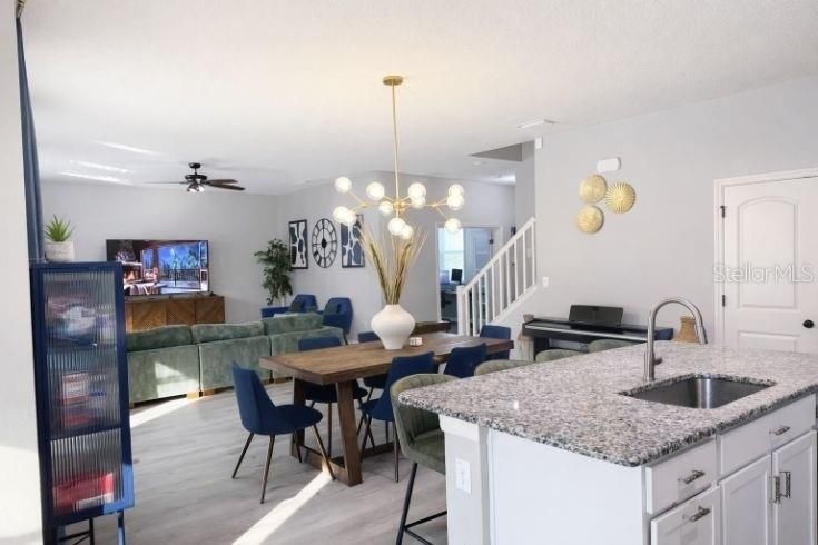 Dining room, Interior, Kitchen, Living room, Pendant Lights, Wood Texture Flooring