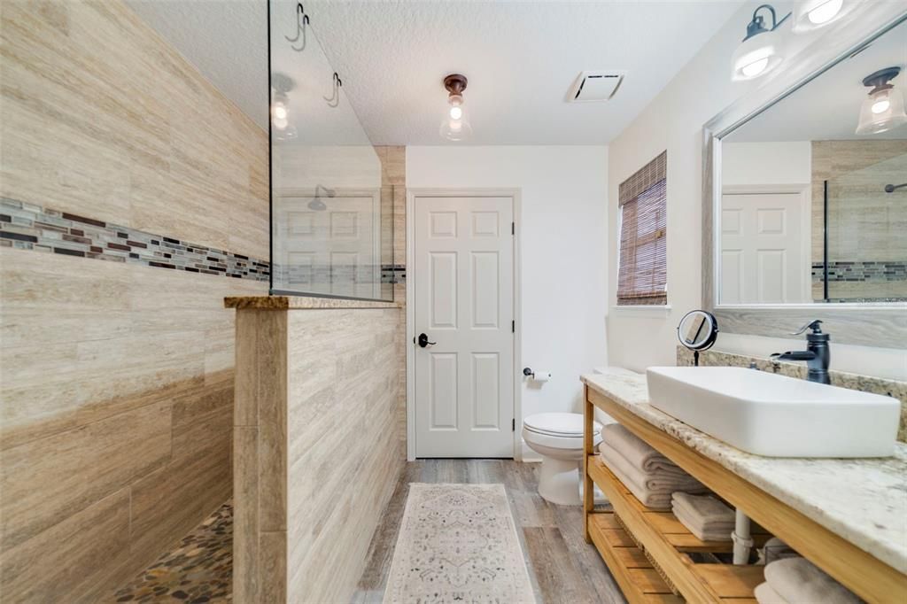 Bathroom, Glass Shower, Interior, Wood Texture Flooring