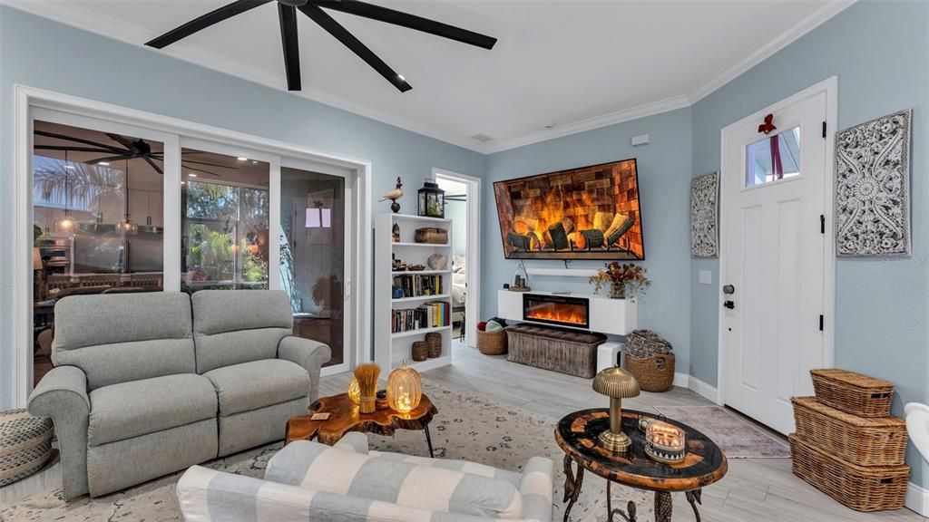 Fireplace, Interior, Living room, Recessed Lighting, Wood Texture Flooring