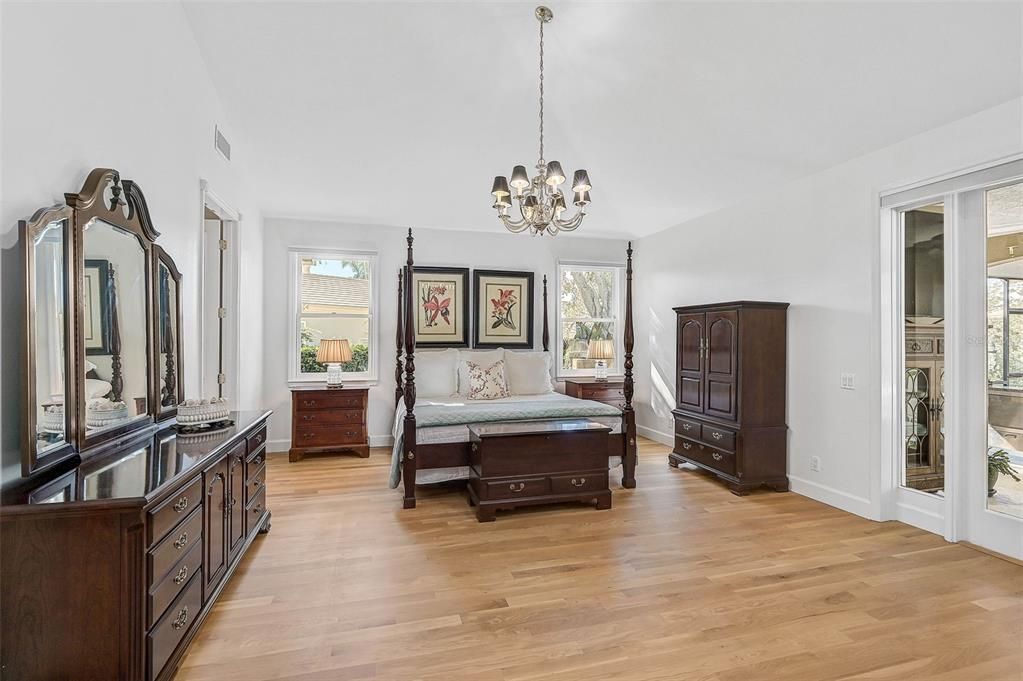 Bedroom, Chandelier, Interior, Wood Texture Flooring