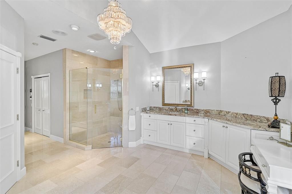 Bathroom, Chandelier, Dual Sink Vanities, Glass Shower, Interior, Recessed Lighting