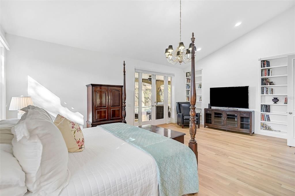 Bedroom, Chandelier, Interior, Recessed Lighting, Wood Texture Flooring