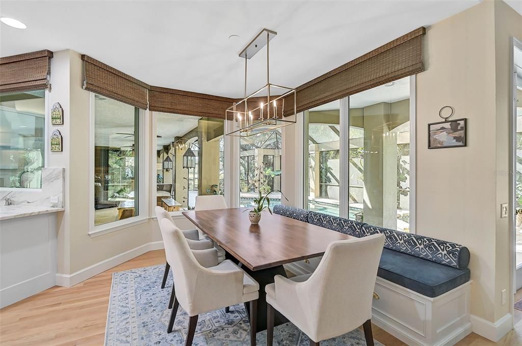 Dining room, Interior, Pendant Lights, Recessed Lighting, Wood Texture Flooring