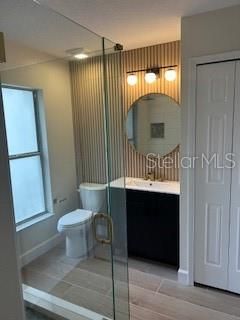 Bathroom, Glass Shower, Interior, Wood Texture Flooring