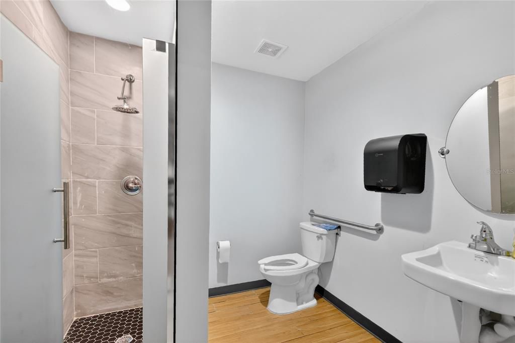 Bathroom, Interior, Recessed Lighting, Wood Texture Flooring