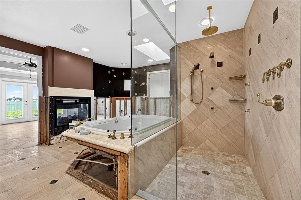 Bathroom, Fireplace, Glass Shower, Interior, Recessed Lighting