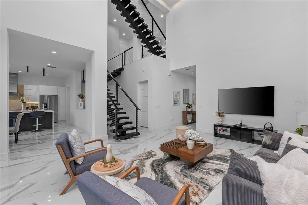 Dining room, Interior, Kitchen, Living room, Marble, Recessed Lighting, Stainless Steel Appliances
