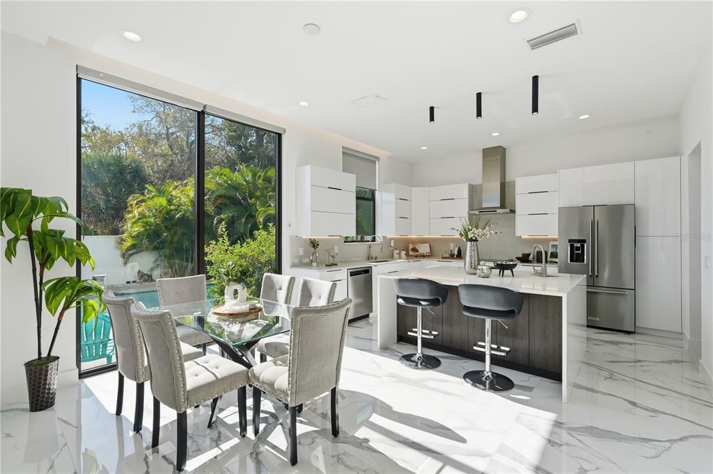 Dining room, Interior, Kitchen, Marble, Recessed Lighting, Stainless Steel Appliances
