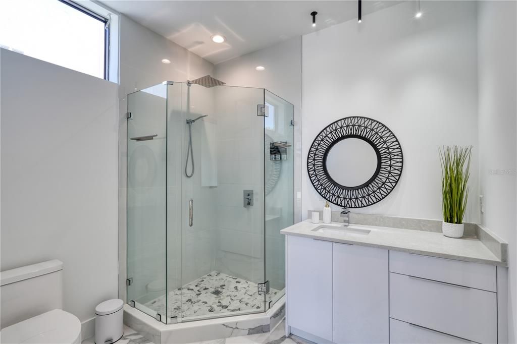 Bathroom, Glass Shower, Interior, Marble, Recessed Lighting