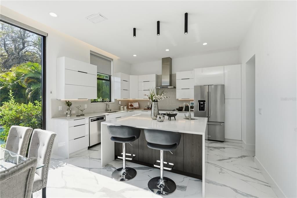 Interior, Kitchen, Marble, Recessed Lighting, Stainless Steel Appliances