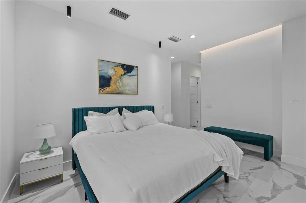 Bedroom, Interior, Marble, Recessed Lighting