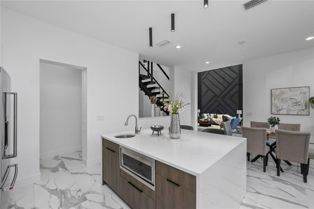 Dining room, Interior, Kitchen, Living room, Marble, Recessed Lighting