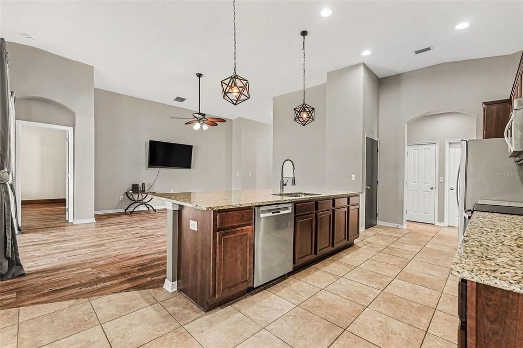 Interior, Kitchen, Pendant Lights, Recessed Lighting, Wood Texture Flooring