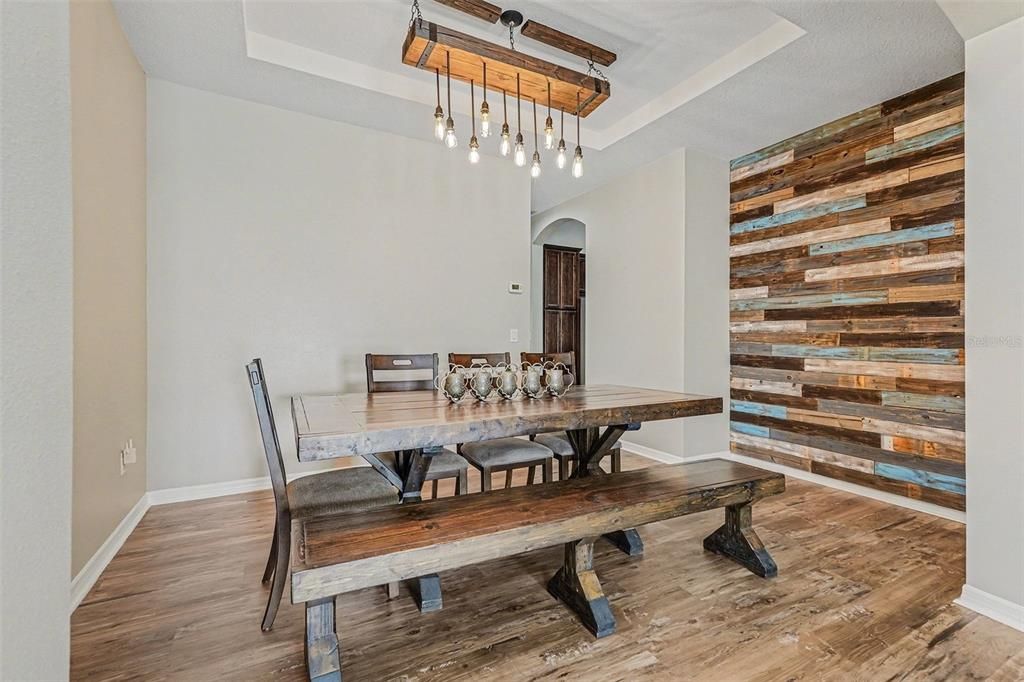 Dining room, Interior, Pendant Lights, Wood Texture Flooring, Wooden Walls