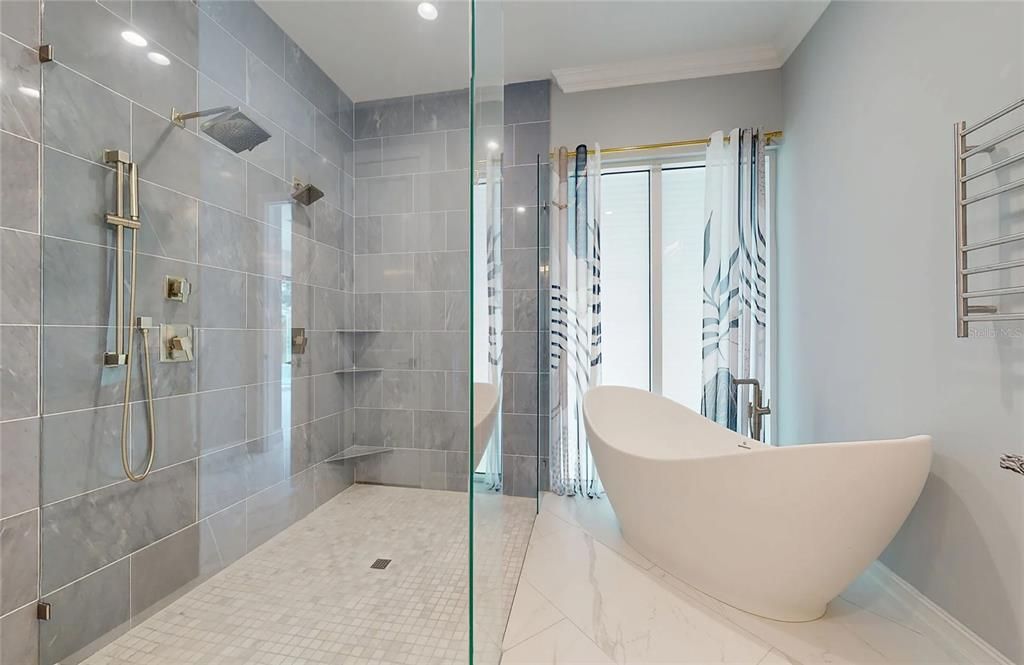 Bathroom, Free Standing Baths, Glass Shower, Interior, Marble, Recessed Lighting