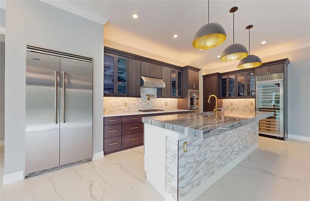 Interior, Kitchen, Marble, Pendant Lights, Recessed Lighting, Stainless Steel Appliances