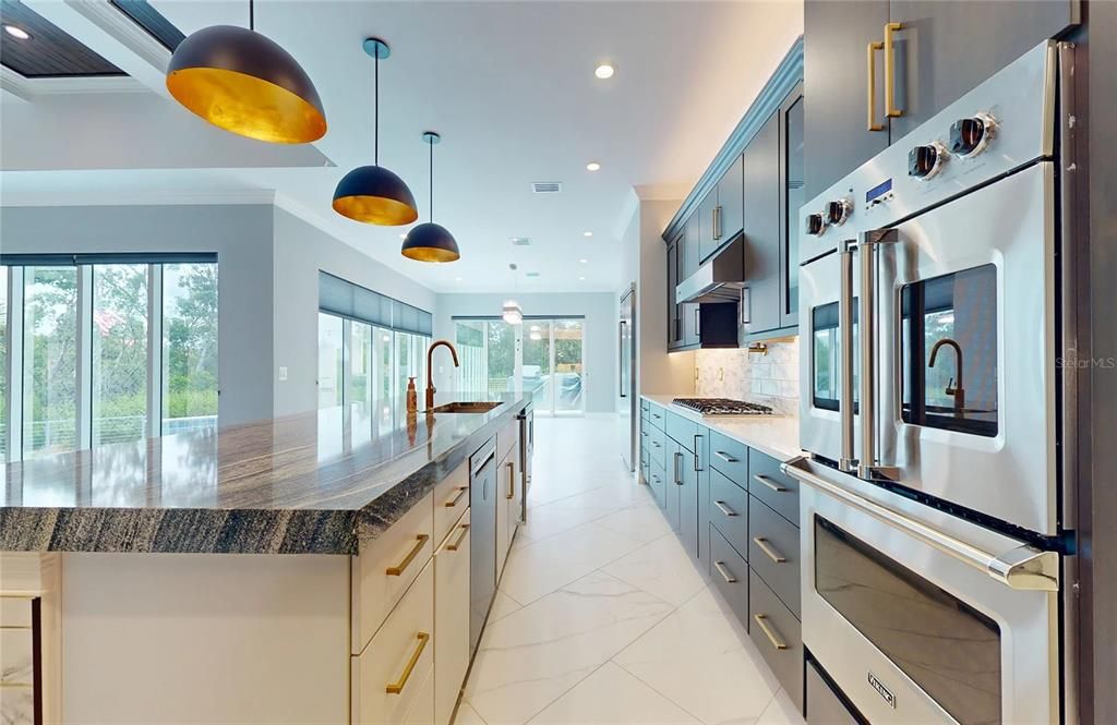 Interior, Kitchen, Marble, Pendant Lights, Recessed Lighting, Stainless Steel Appliances