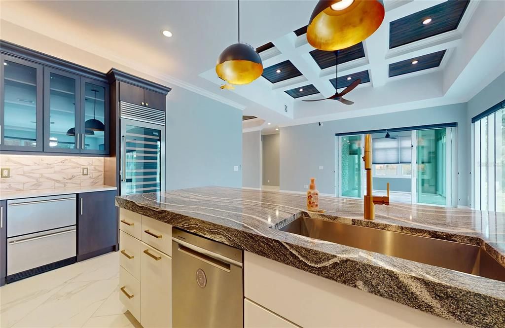 Interior, Kitchen, Marble, Pendant Lights, Recessed Lighting, Stainless Steel Appliances