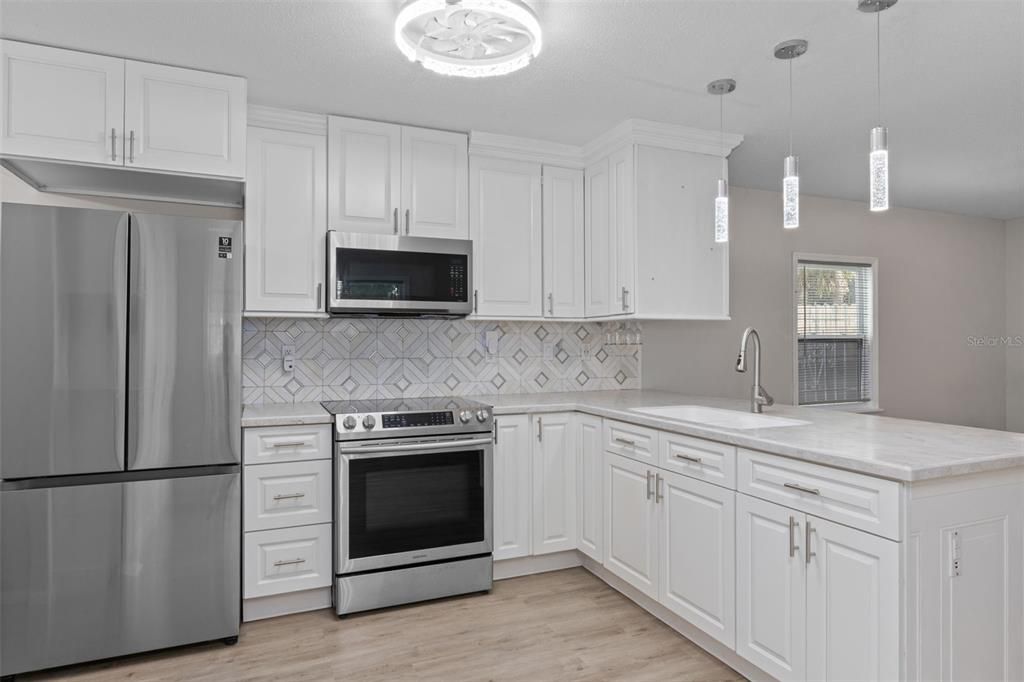 Interior, Kitchen, Pendant Lights, Stainless Steel Appliances, Wood Texture Flooring