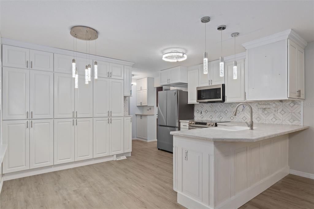 Interior, Kitchen, Pendant Lights, Stainless Steel Appliances, Wood Texture Flooring