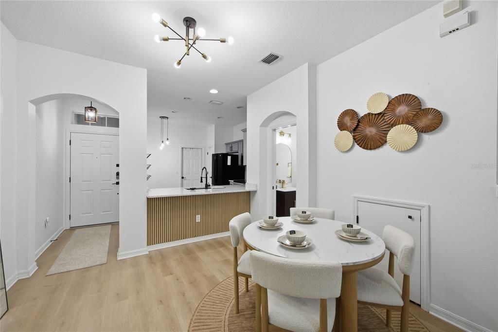 Dining room, Interior, Kitchen, Pendant Lights, Recessed Lighting, Wood Texture Flooring