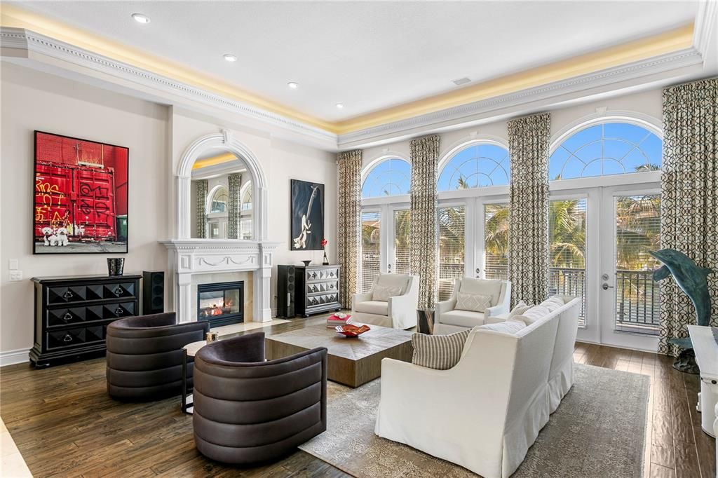 Fireplace, Interior, Living room, Recessed Lighting, Wood Texture Flooring