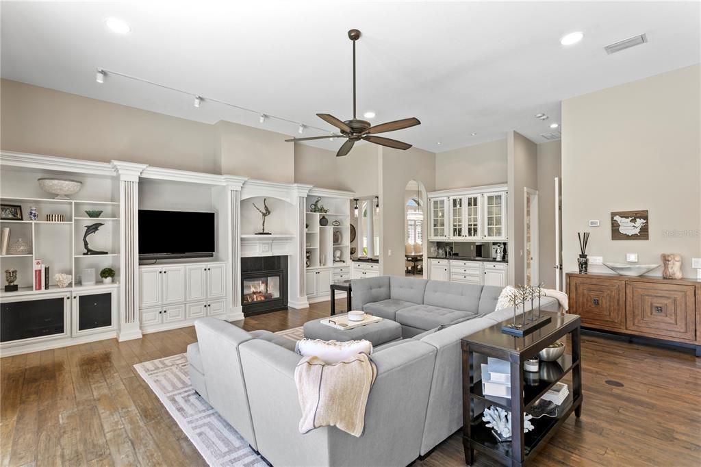 Fireplace, Interior, Living room, Recessed Lighting, Wood Texture Flooring