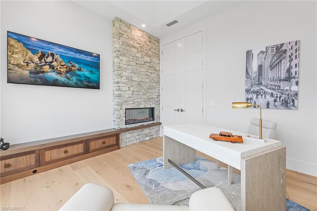Fireplace, Home Office, Interior, Recessed Lighting, Stone Walls, Wood Texture Flooring