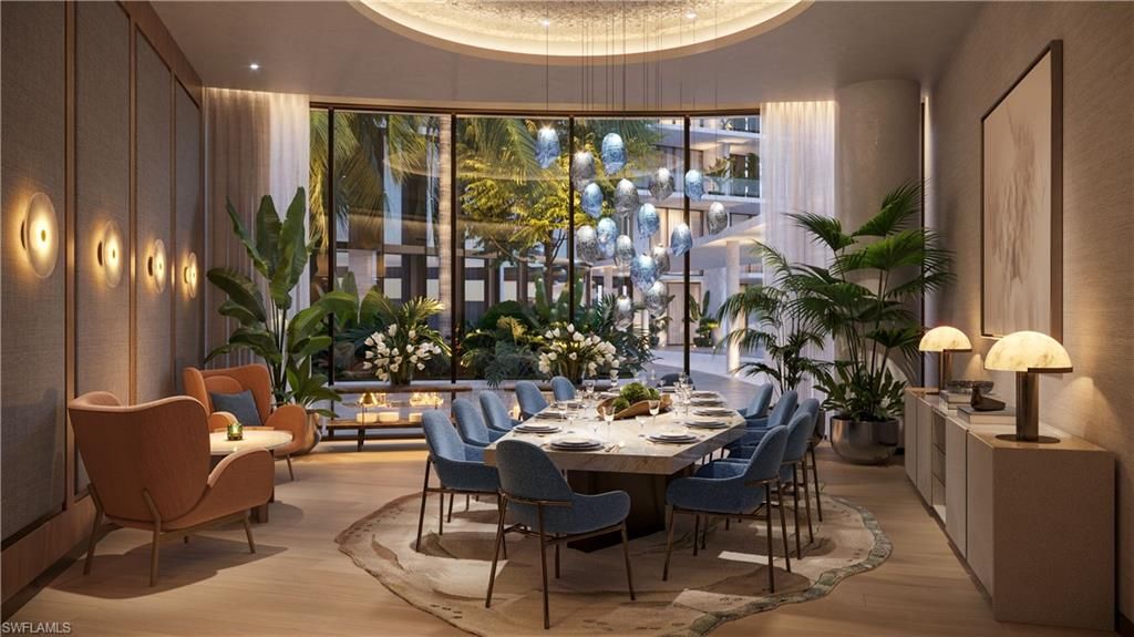 Dining room, Interior, Living room, Pendant Lights, Recessed Lighting, Wood Texture Flooring