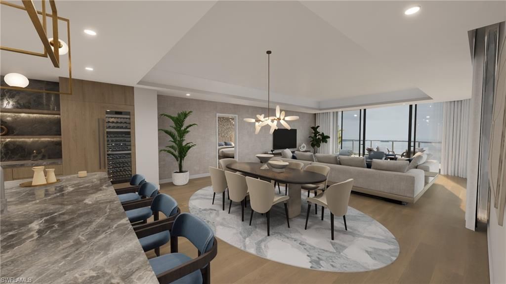 Dining room, Interior, Living room, Pendant Lights, Recessed Lighting, Wood Texture Flooring
